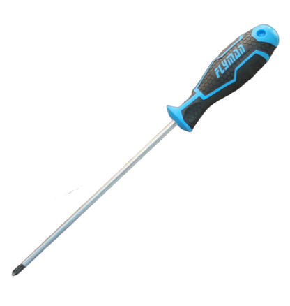 Flyman 8 Inch Screw Driver with Rubber Handle featuring blue and black grip for comfortable use