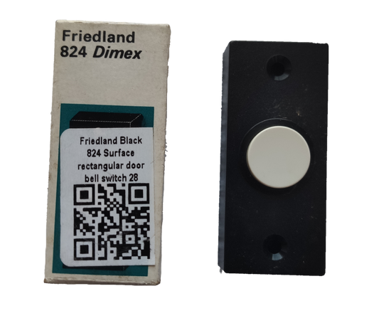 Friedland door bell switch surface type in black with circular button and packaging for easy installation