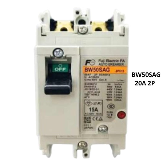 Fuji BW50SAG circuit breaker 20A MCCB for panel board installation. White 2 pole molded case breaker with handle