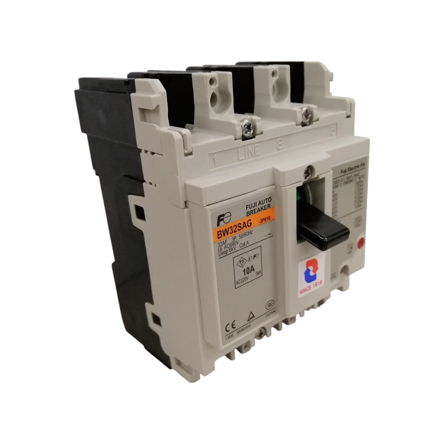Fuji 10A 3 Pole MCCB circuit breaker. White molded case with black toggle handle for industrial power protection