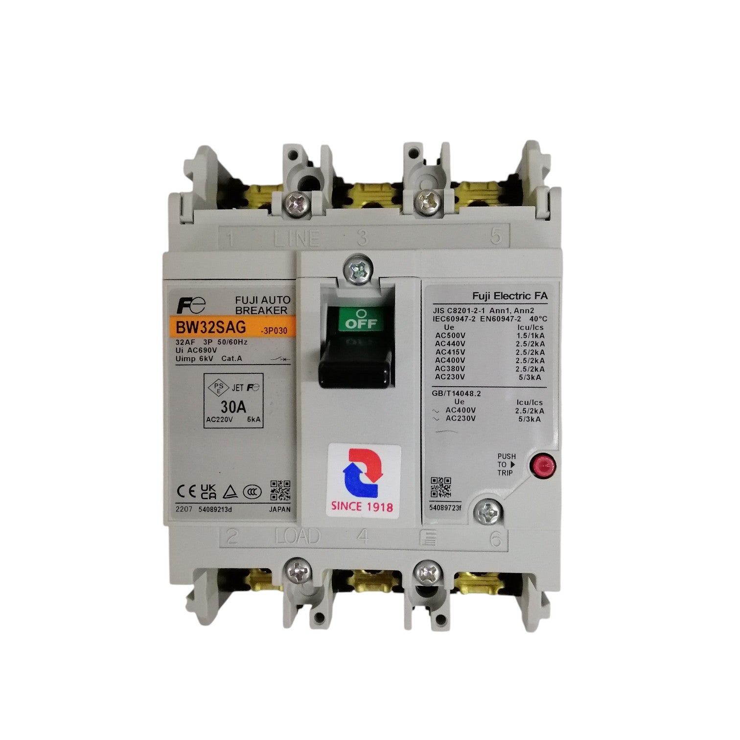 Fuji 3 pole MCCB breaker 30 amp molded case circuit breaker with green toggle and screw terminals