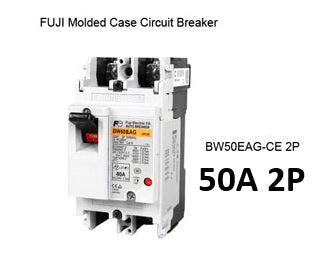 Fuji 50A molded case circuit breaker. White 2 pole molded case breaker with trip switch and label for industrial electrical panels