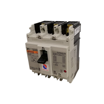 Fuji MCCB 20A molded case circuit breaker. Three pole unit with black toggle for industrial electrical panels