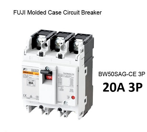 Fuji MCCB 20A molded case circuit breaker. White 3 pole industrial molded case breaker with toggle