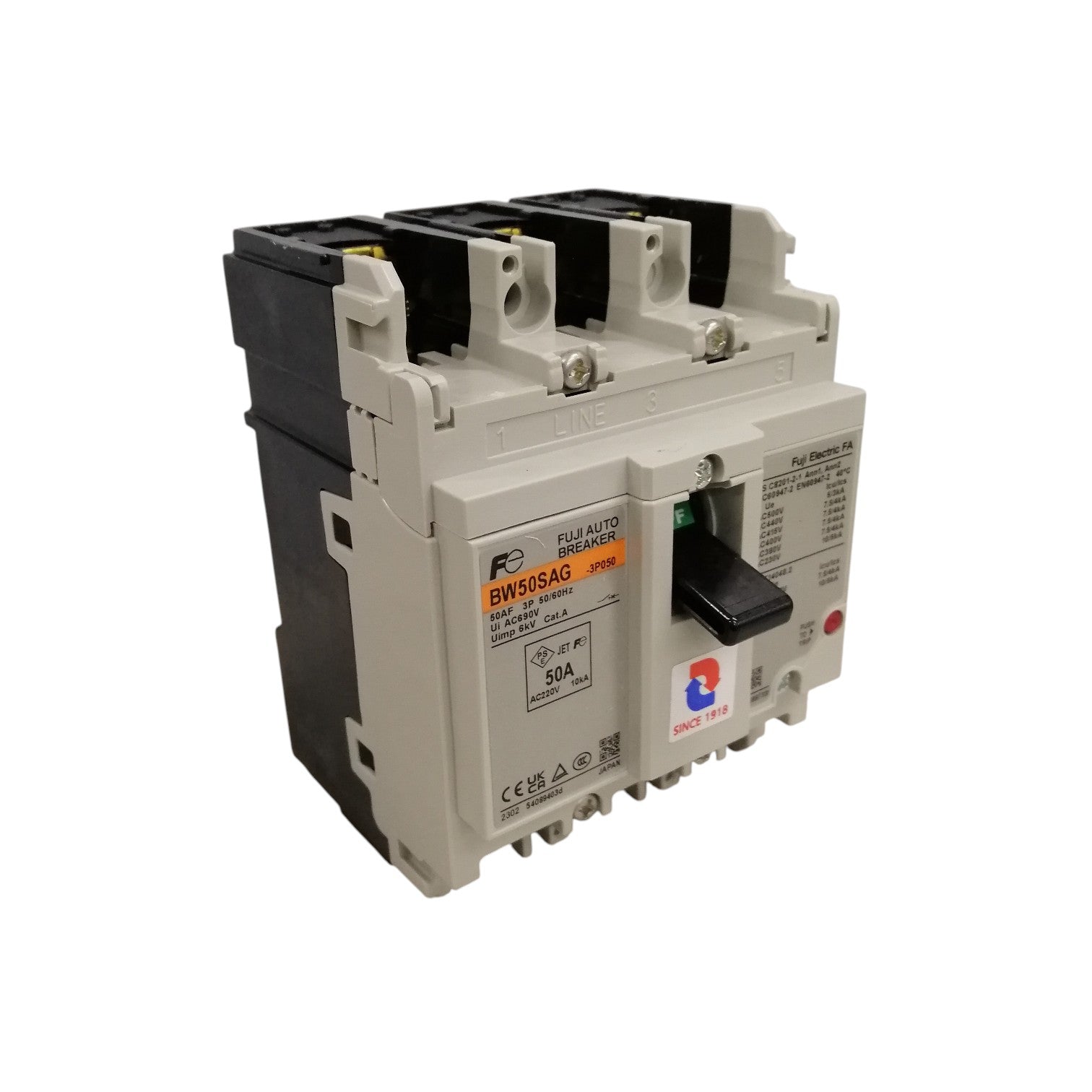 Fuji MCCB 50A circuit breaker three pole molded case with black handle and 50A rating label