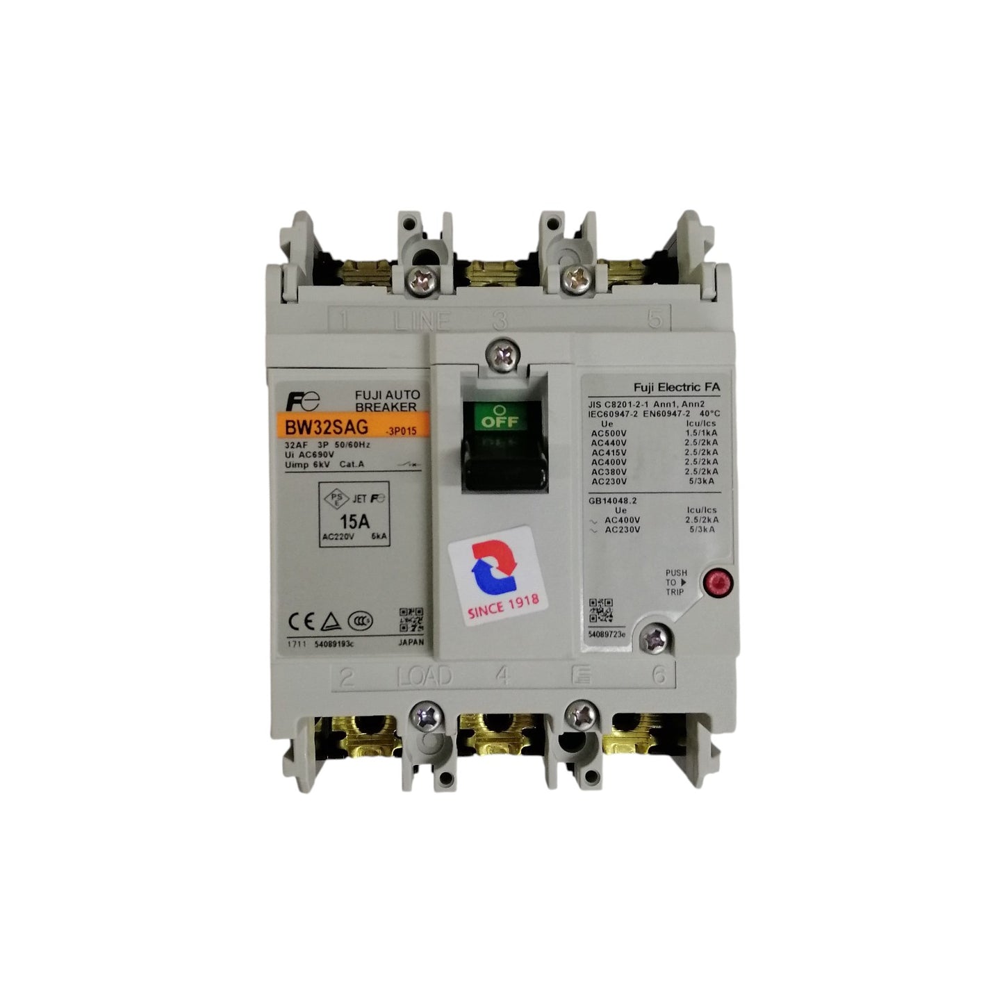 Fuji MCCB 15 amp 3 phase circuit breaker BW32SAG-CE 15A 3Pole with front switch and clear labeling