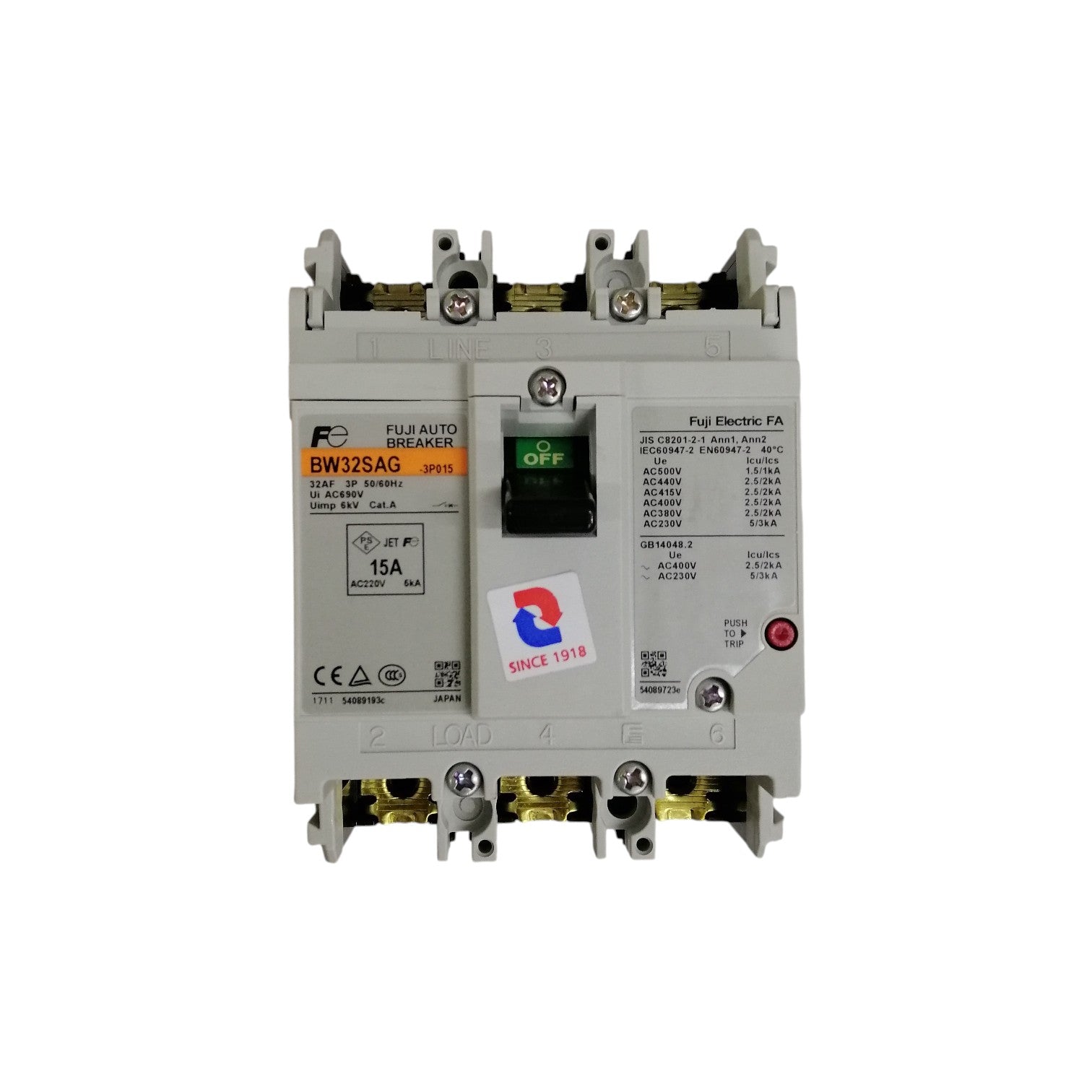 Fuji MCCB 15 amp 3 phase circuit breaker BW32SAG-CE 15A 3Pole with front switch and clear labeling
