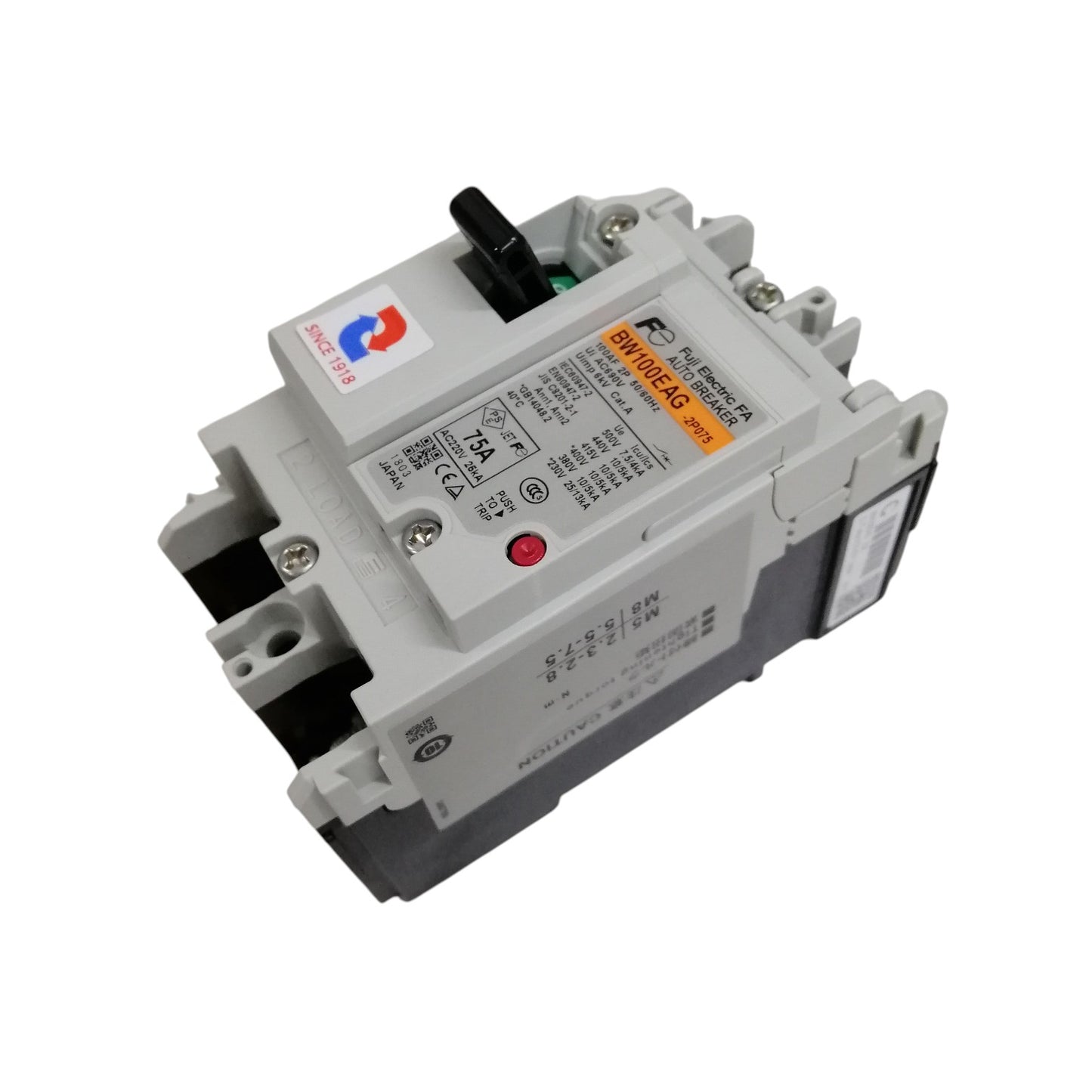 Fuji MCCB 75A circuit breaker with compact design and clear labeling for electrical safety