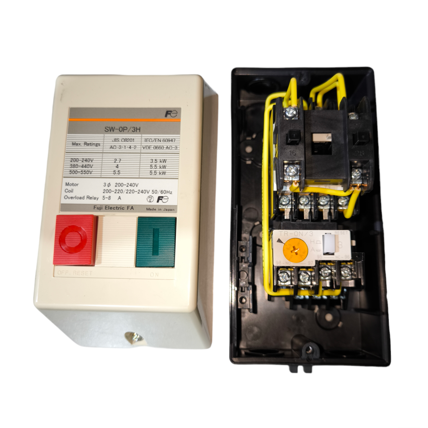 Fuji motor magnetic starter 3 phase with control buttons and internal wiring for motor applications