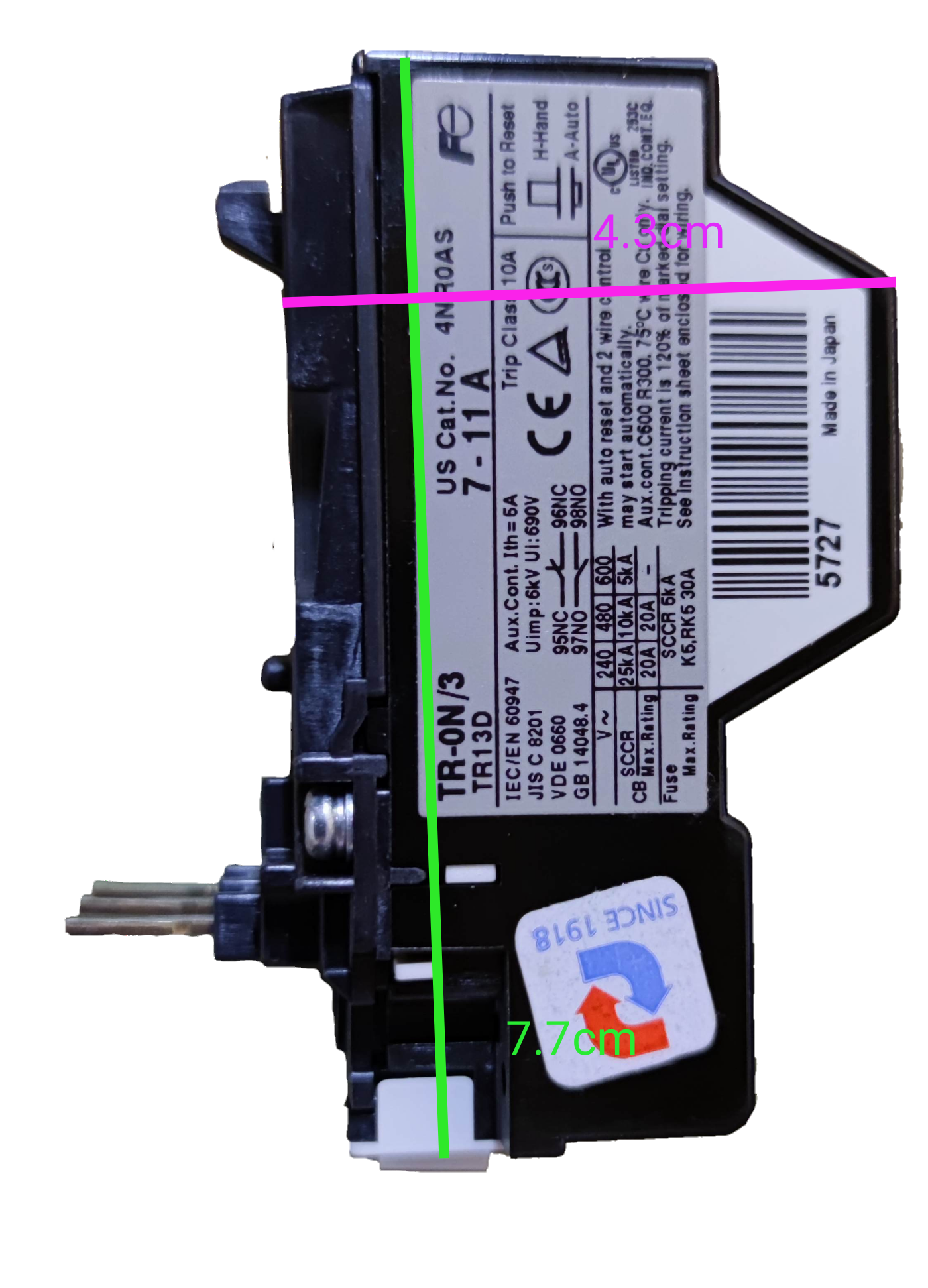 Fuji Thermal Overload Relay TR-0N with labeled dimensions for easy installation