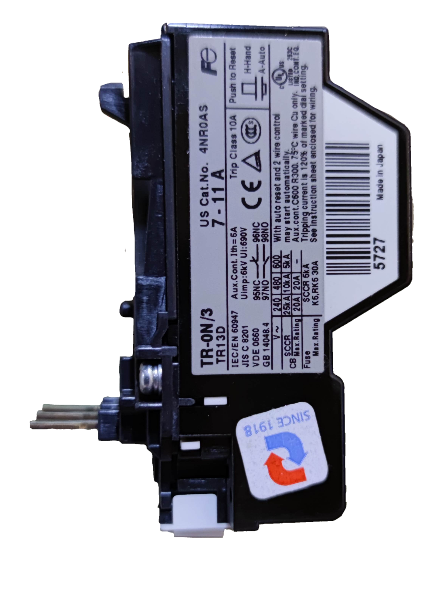 Fuji Thermal Overload Relay TR-0N with wiring terminals for electrical circuit protection