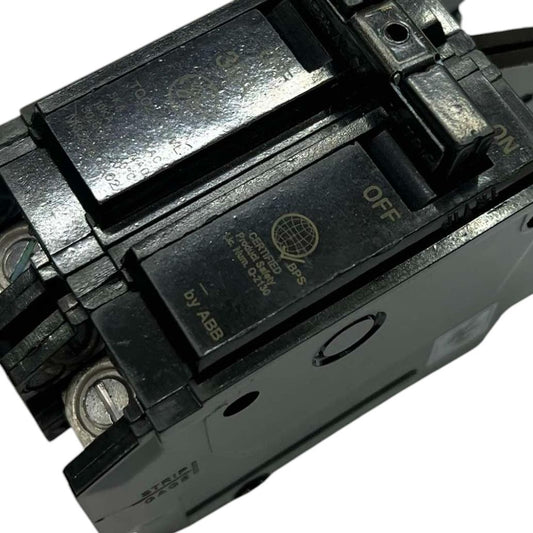 Close-up of GE 100A Circuit Breaker 2 Pole black electrical component with on off switch