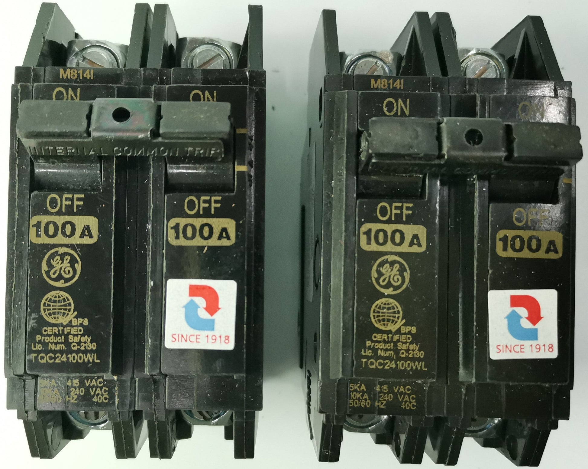 GE 100A Circuit Breaker 2 Pole black electrical component with ON OFF switch and certification labels