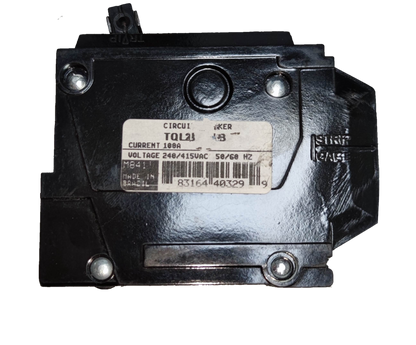 GE 100A circuit breaker TQL 10KAIC in black with specifications label for electrical safety