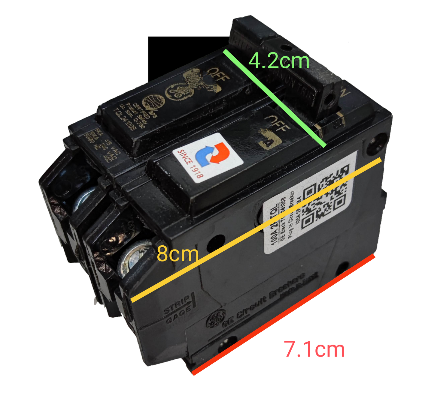 GE 100A circuit breaker TQL 10KAIC with clear labeling and compact size for electrical systems