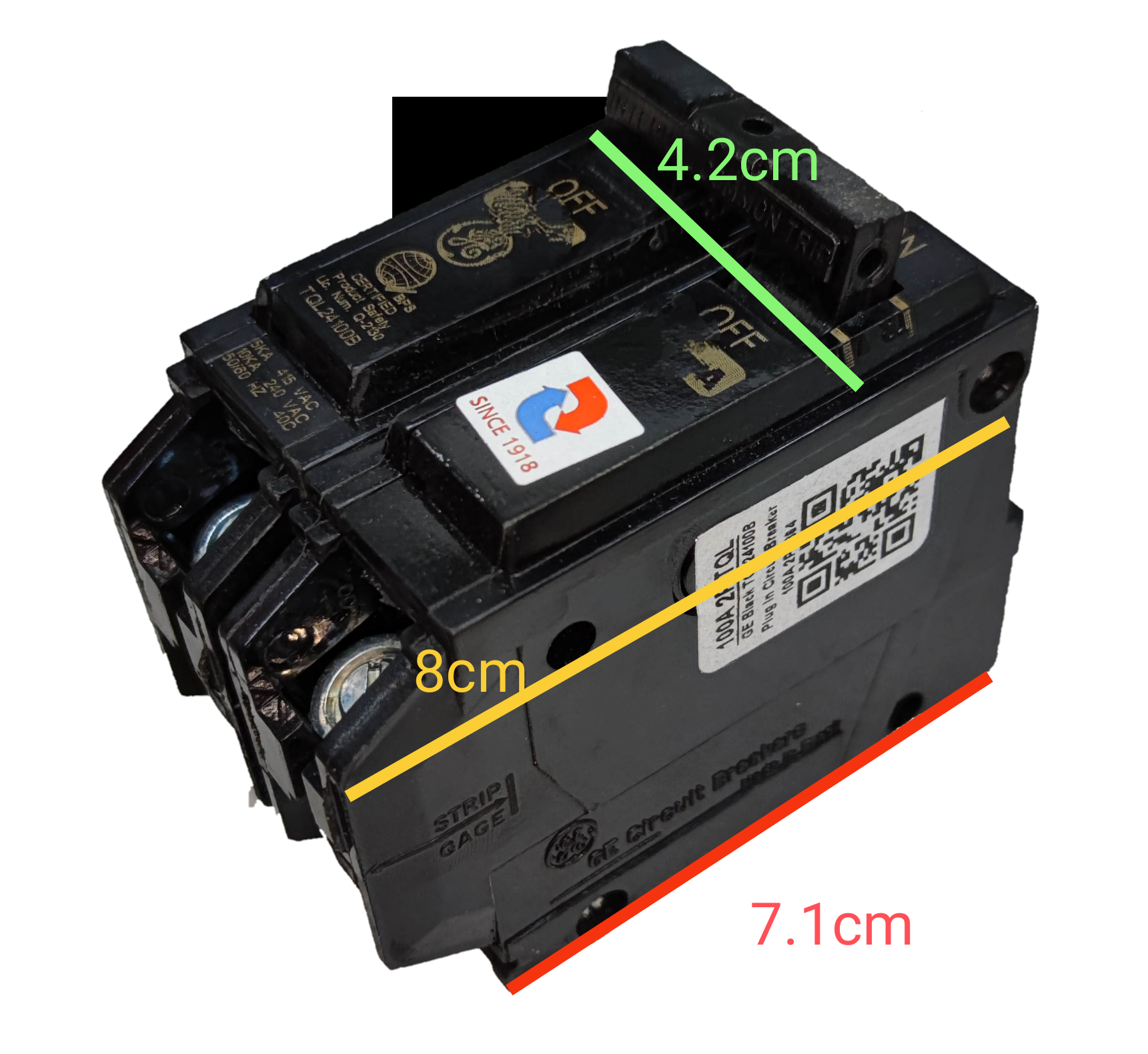 GE 100A circuit breaker TQL 10KAIC with clear labeling and compact size for electrical systems
