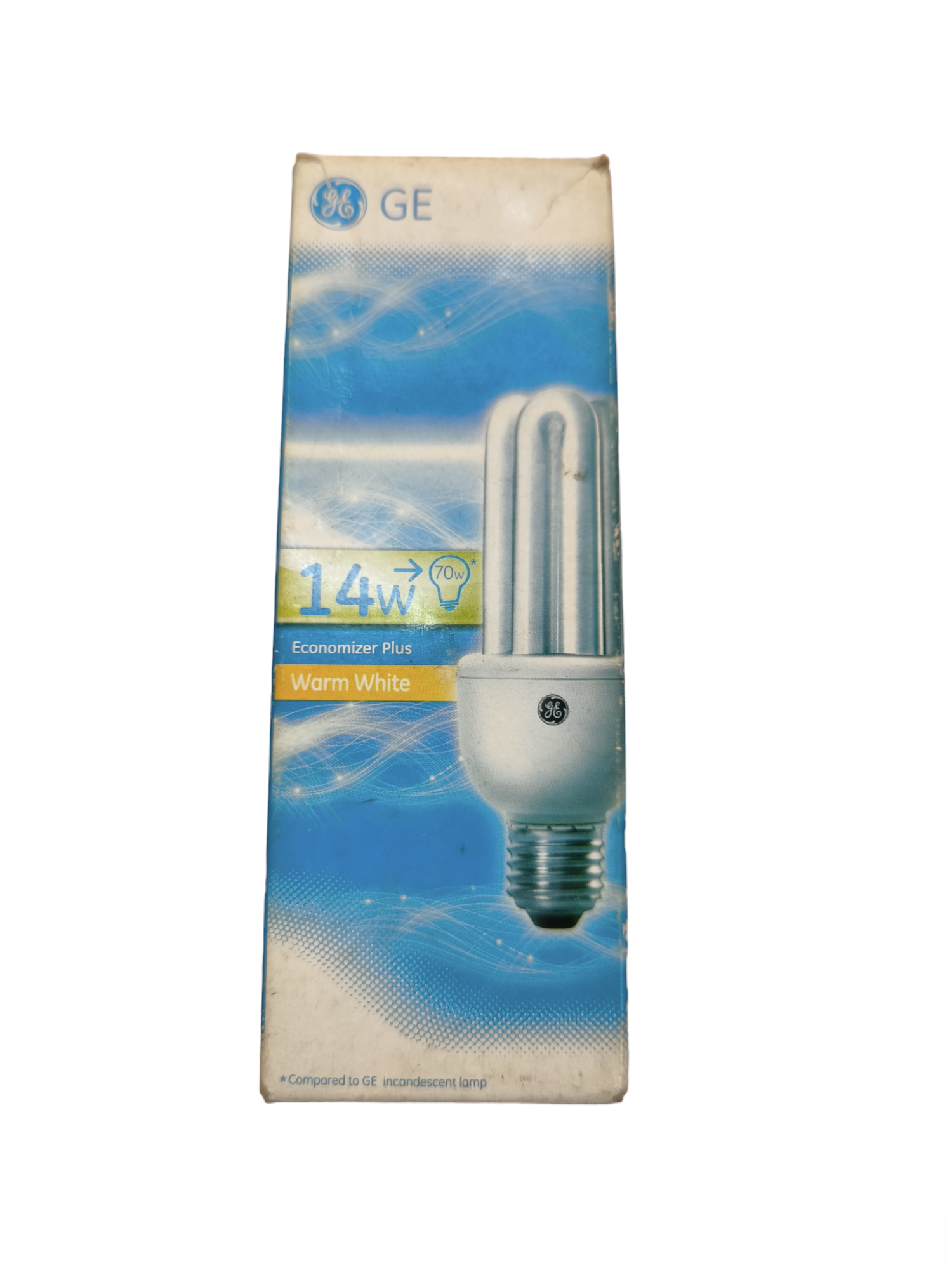 GE 14W CFL Warm White E27 220V compact fluorescent bulb packaging showing bulb image and product details
