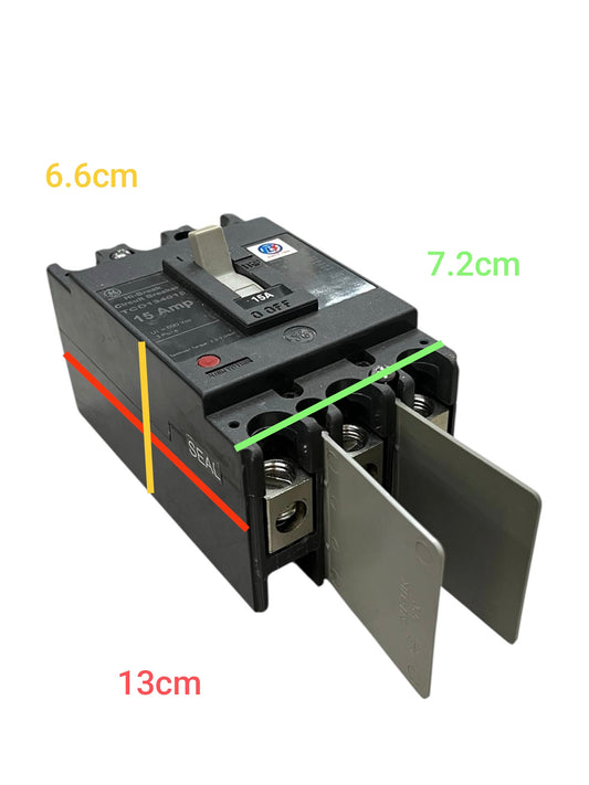 GE 15A 3Pole Industrial Circuit Breaker 220V with black body and metal terminals