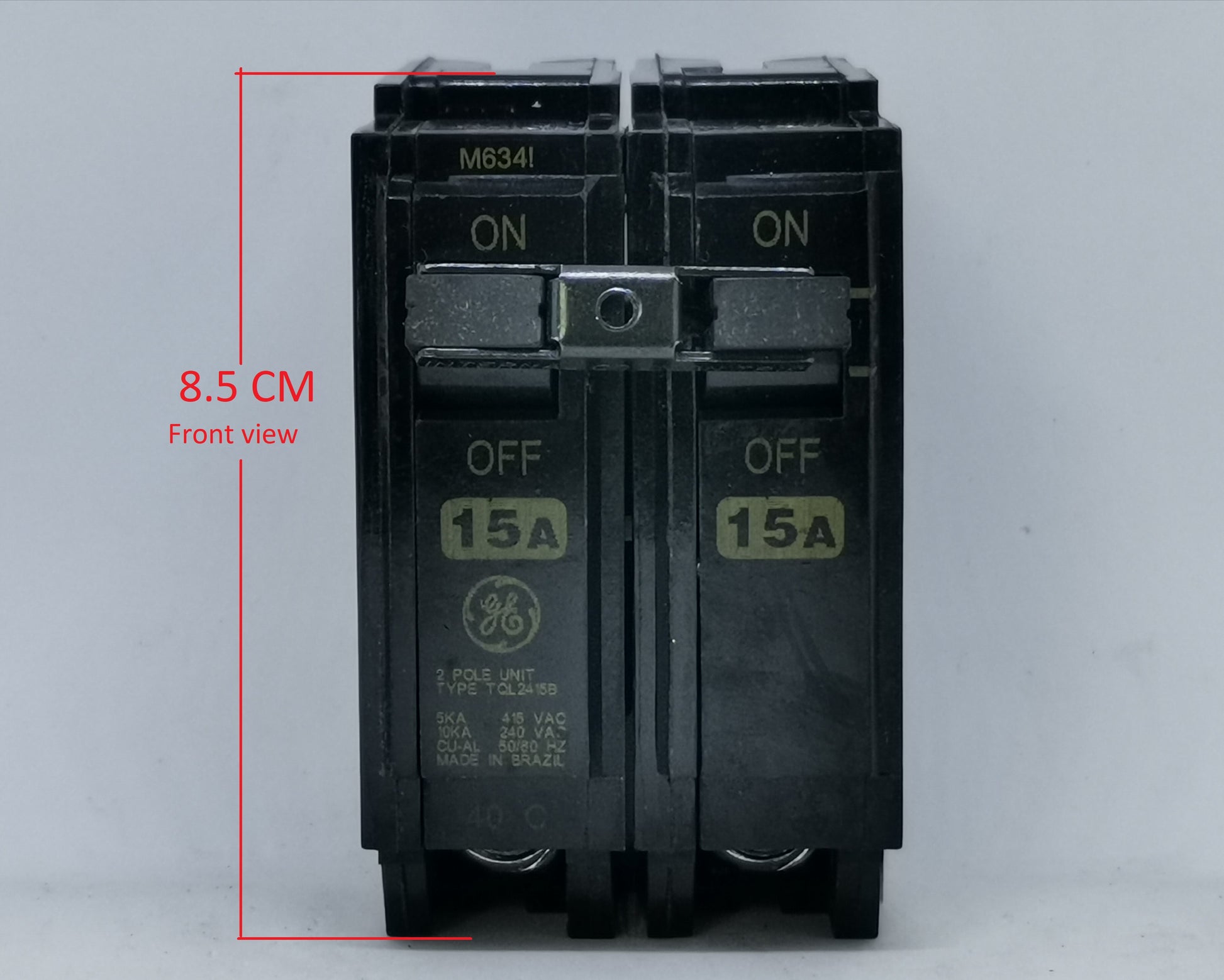 GE 15A Circuit Breaker 2 Pole black electrical breaker with on off switch and front view measurement