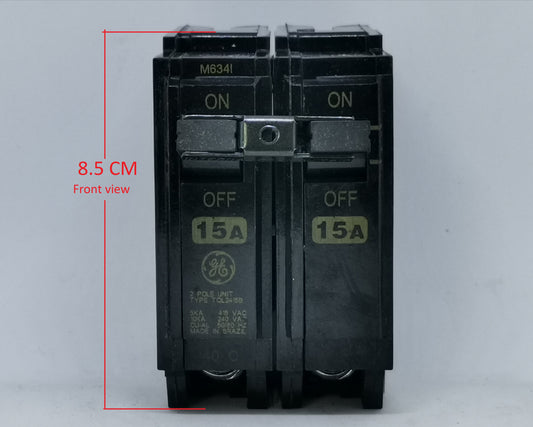 GE 15A Circuit Breaker 2 Pole black electrical breaker with on off switch and front view measurement