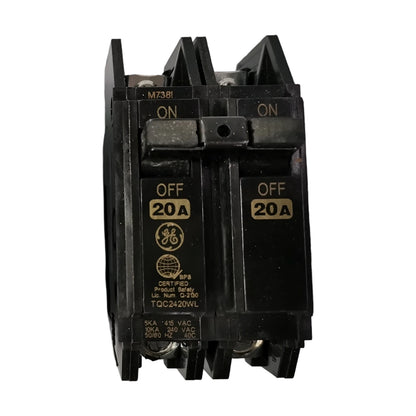 20A 2 Pole GE TQC bolt-on breaker with two ON/OFF switches for electrical circuits