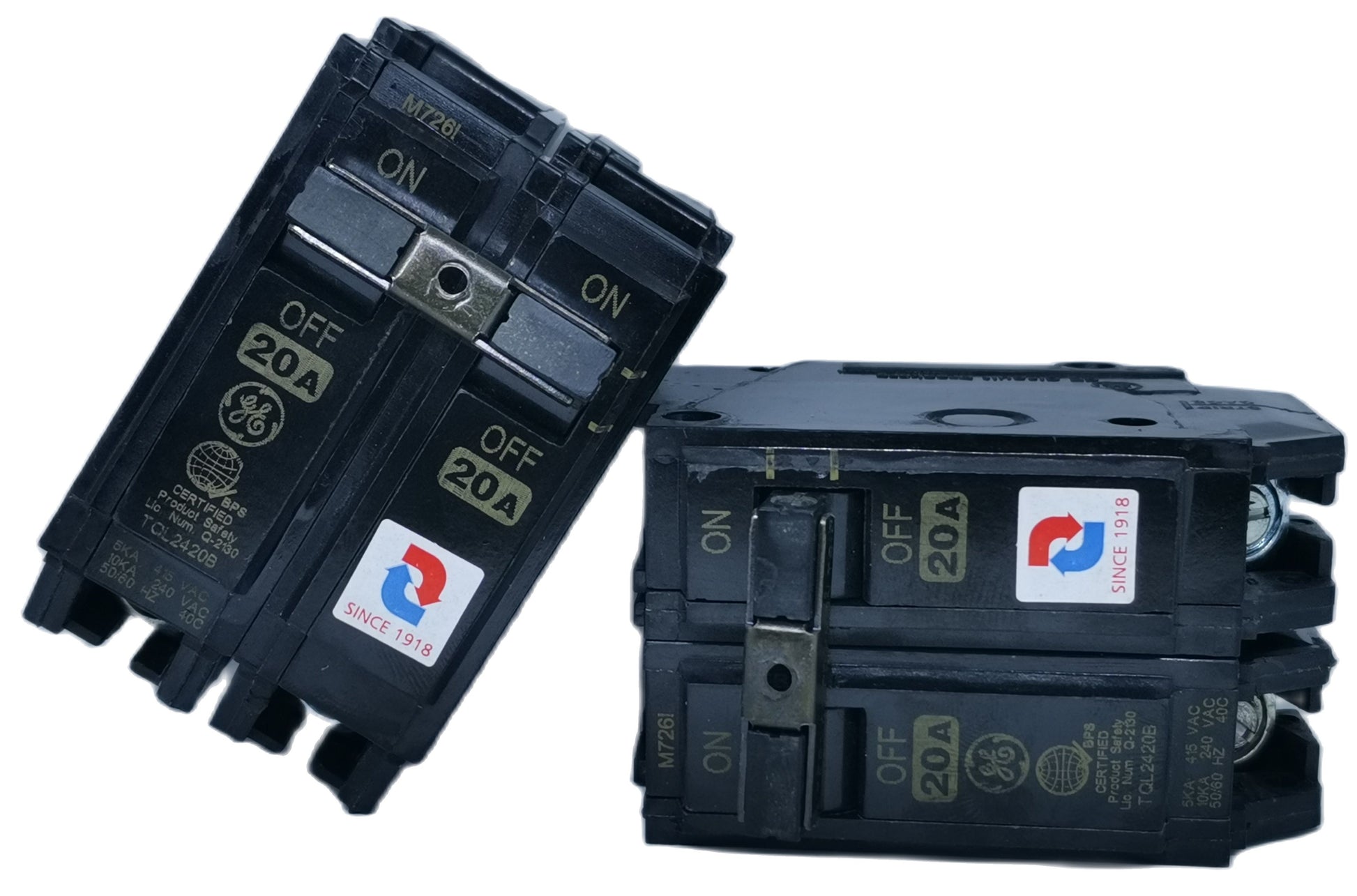 GE 20A 2P Plug in 20A 2P Circuit Breakers with black casing and ON OFF switches