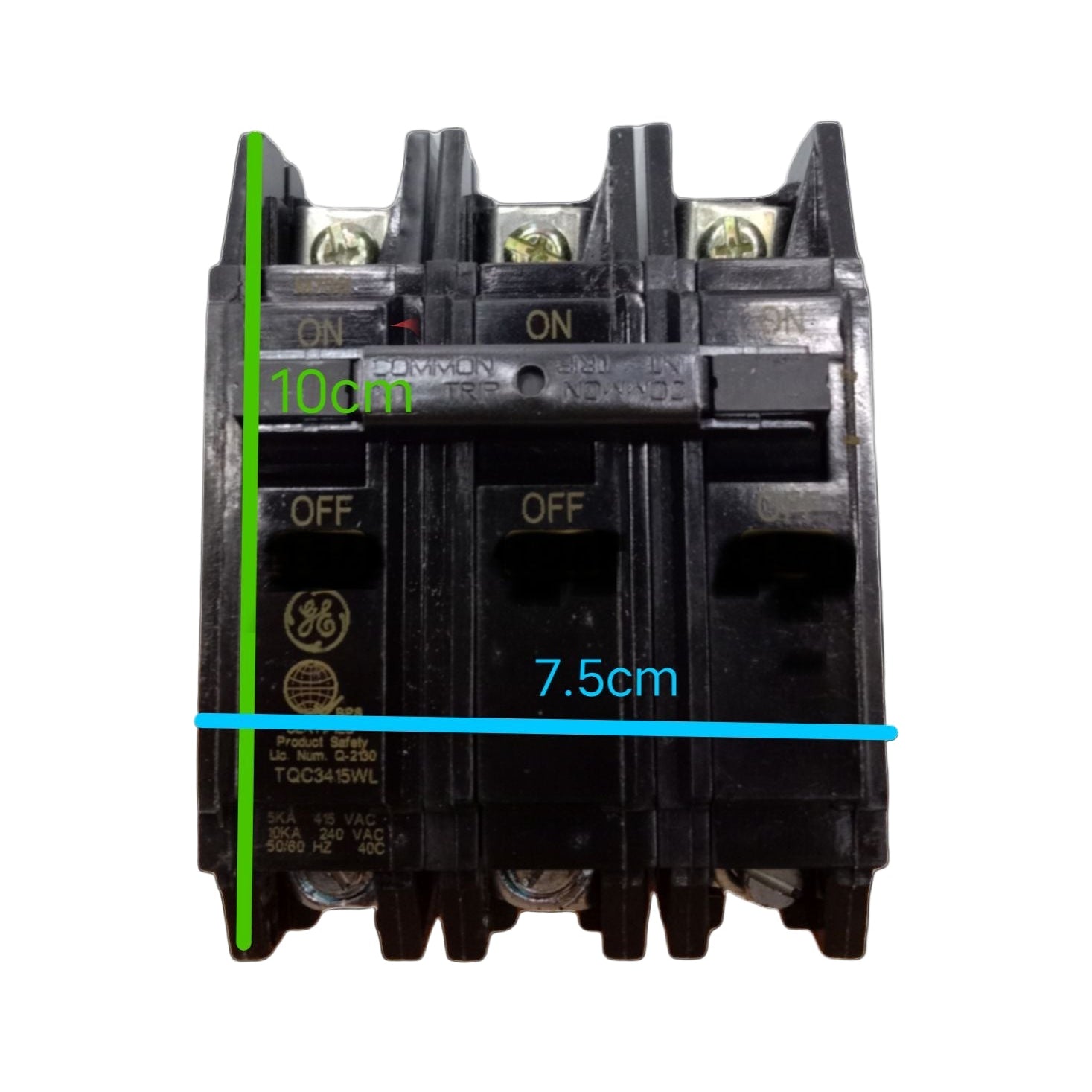 GE 30A 3 Pole Circuit Breaker Bolt-on black three pole breaker with ON OFF toggles and measurement markings