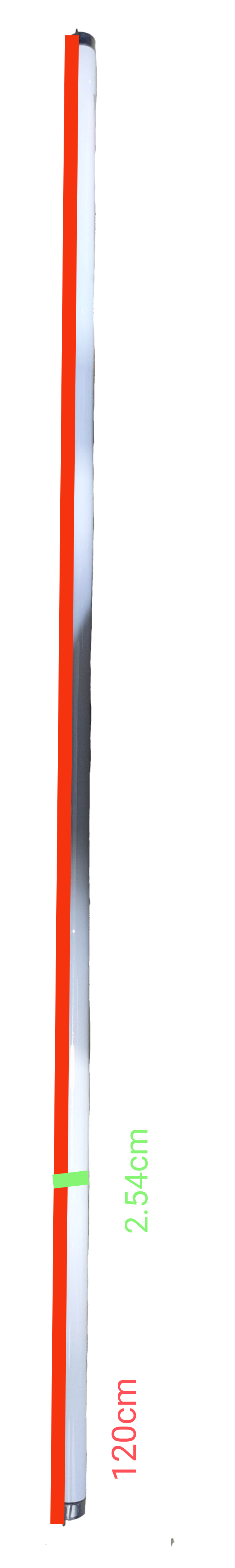 GE 36W T8 fluorescent tube compact fluorescent bulb with measurements displayed on black background