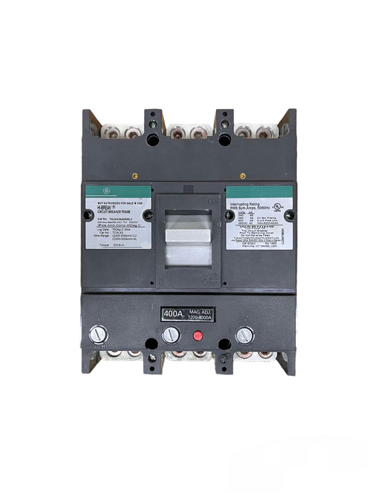 GE 400A 3 Pole Industrial Circuit Breaker electrical component with switch and labeling