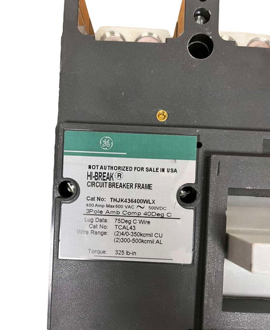 GE 400A 3 Pole Industrial Circuit Breaker with HI-BREAK circuit breaker frame and labeled specifications