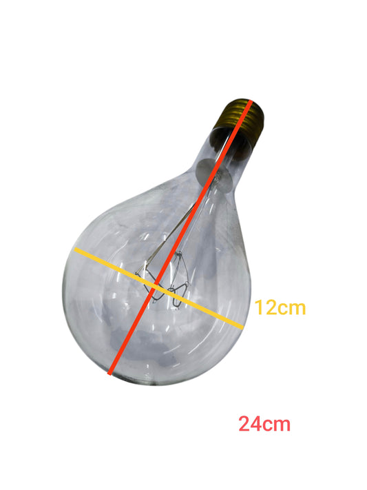 Clear GE 500W incandescent lamp with visible filament and metal screw base showing dimensions