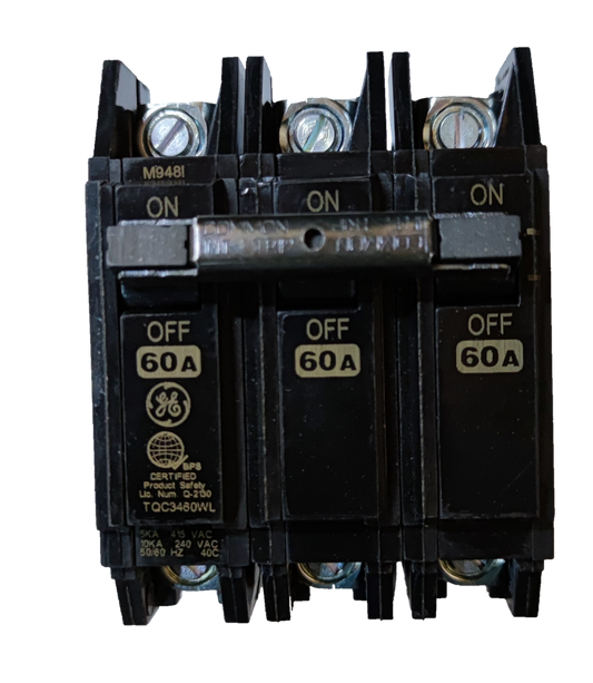 GE 60A 3P Circuit Breakers with ON OFF switch and industrial electrical circuitry parts