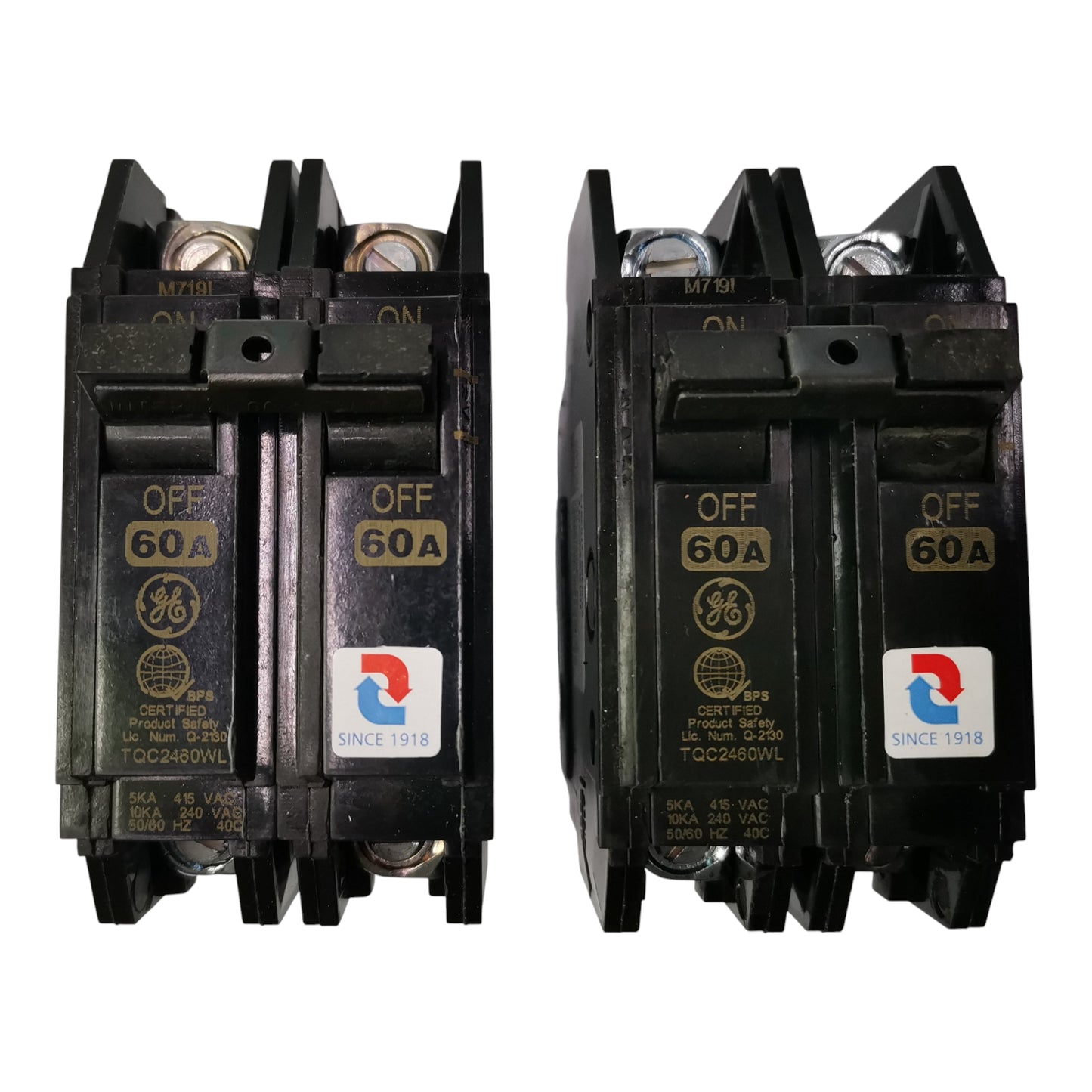 GE 60A Circuit Breaker 2 Pole shown in black with clear 'ON' and 'OFF' labels for electrical safety