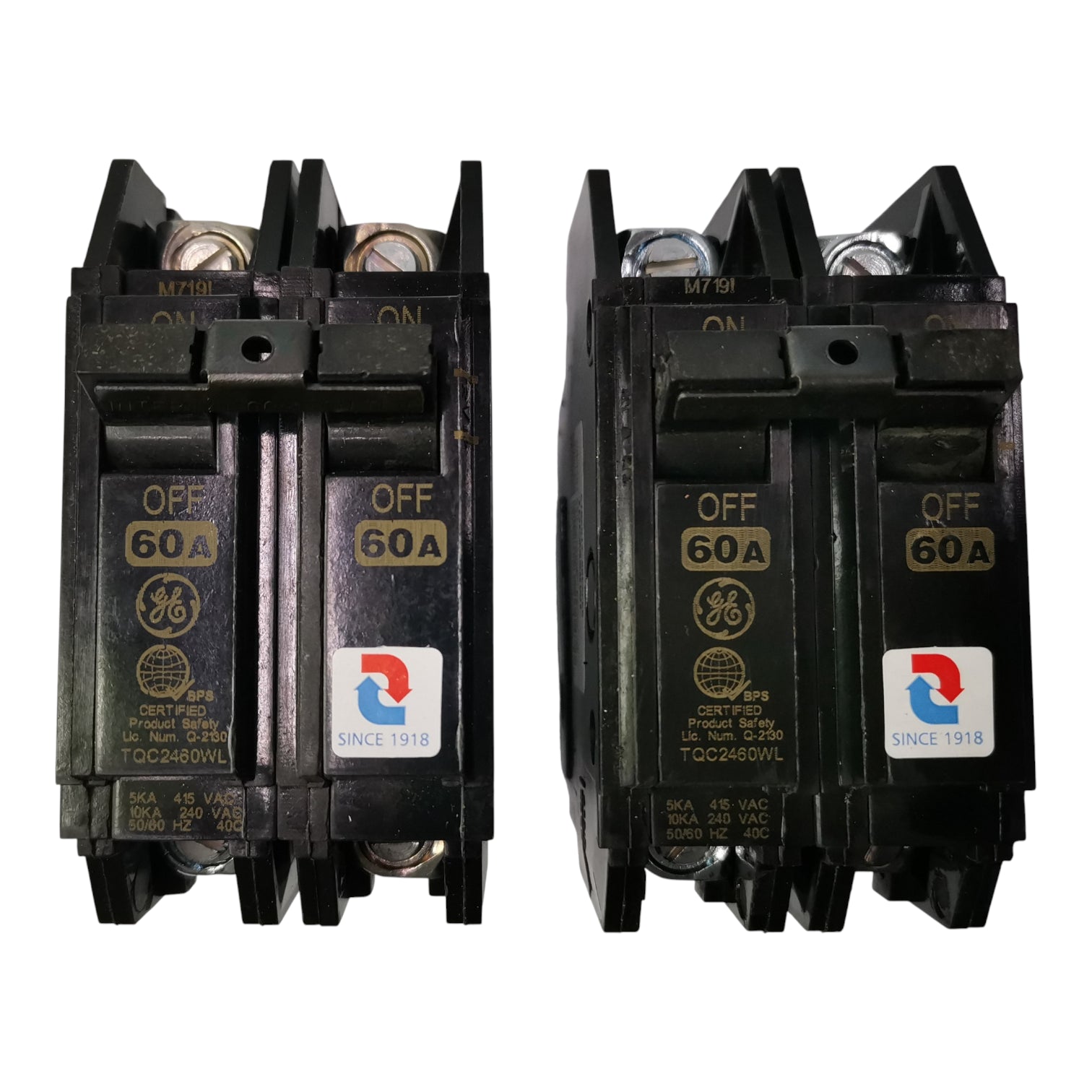 GE 60A Circuit Breaker 2 Pole shown in black with clear 'ON' and 'OFF' labels for electrical safety