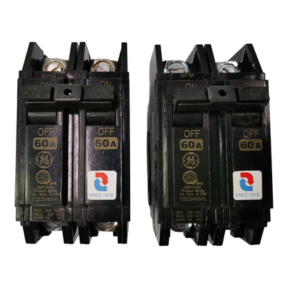GE 60A Circuit Breaker 2 Pole shown in black with clear 'ON' and 'OFF' labels for electrical safety