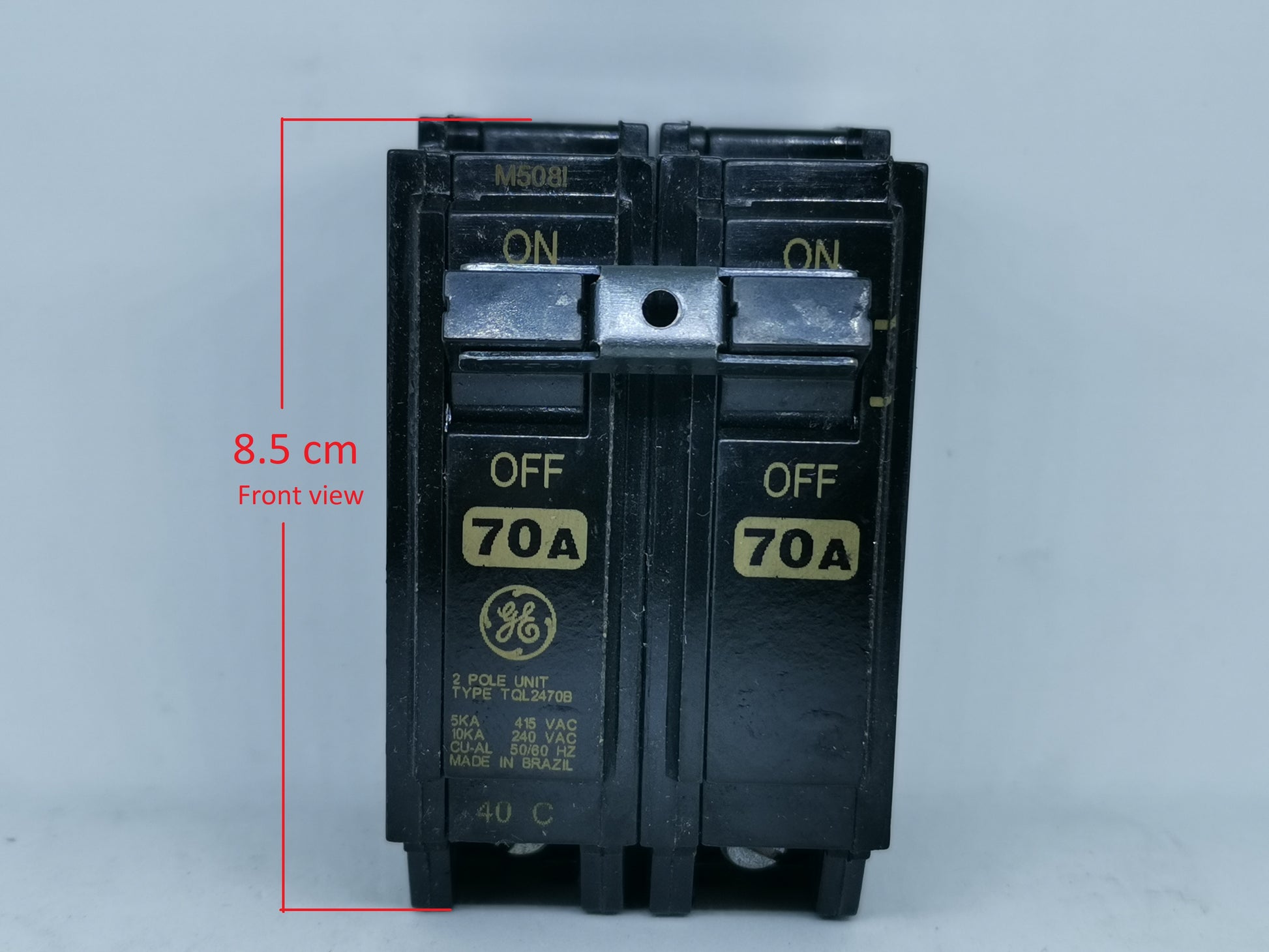 GE 70A Circuit Breaker 2 Pole Single Phase black electrical component with ON OFF switches
