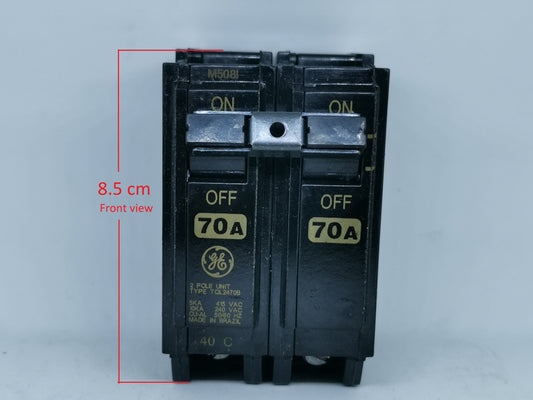 GE 70A Circuit Breaker 2 Pole Single Phase black electrical component with ON OFF switches