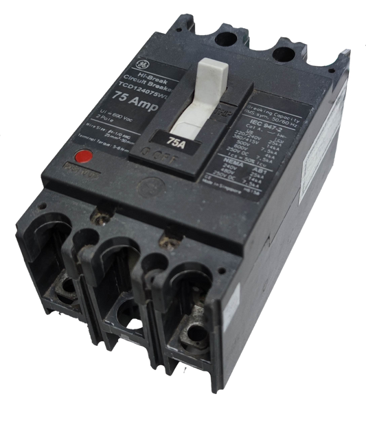GE 75A 2 Pole Industrial Circuit Breaker black electrical component with white switch handle