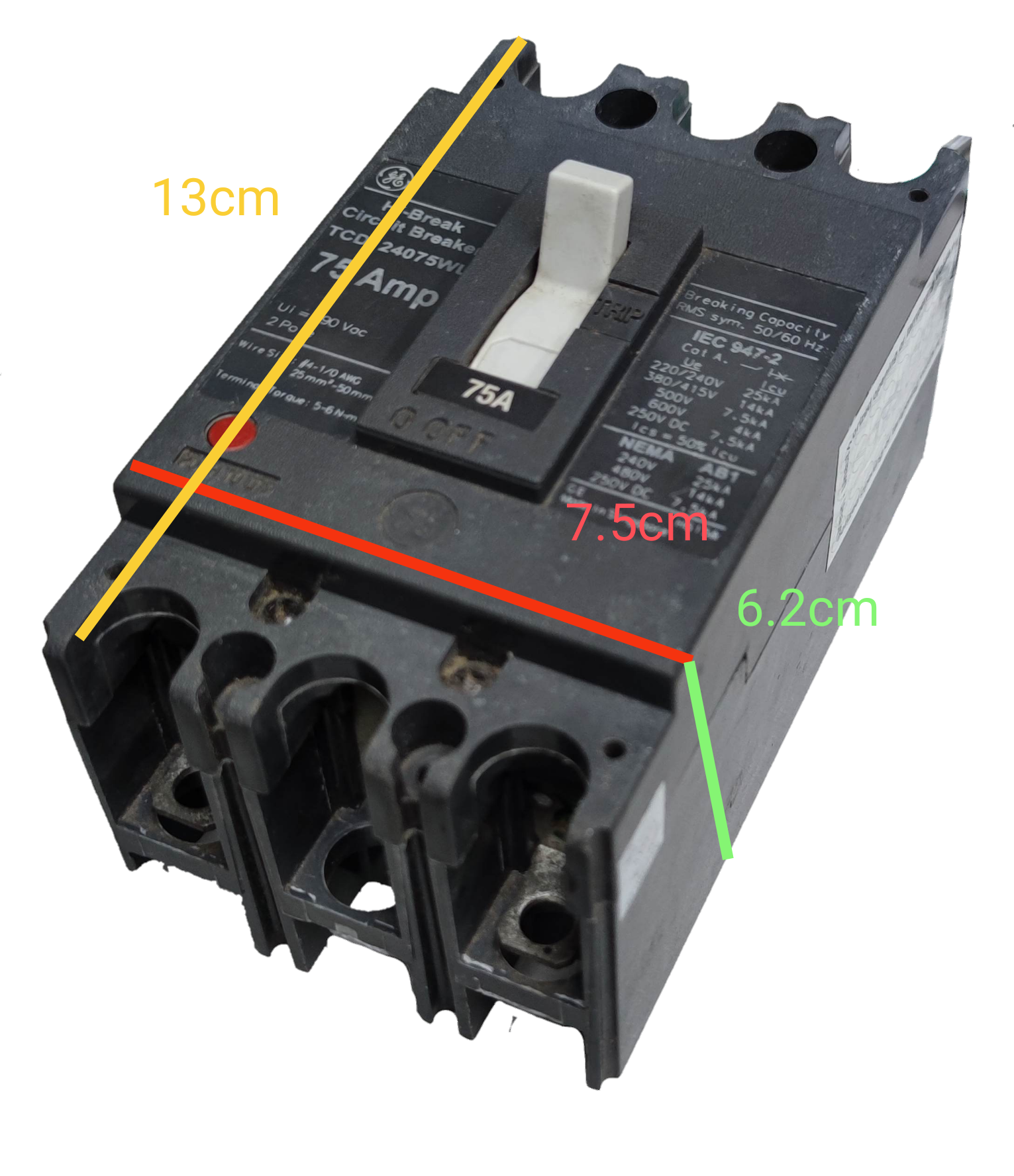 GE 75A 2 Pole Industrial Circuit Breaker with 75 amp rating and black compact design