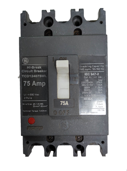 GE 75A 2 Pole Industrial Circuit Breaker with 75 Amp rating and black casing for electrical circuitry