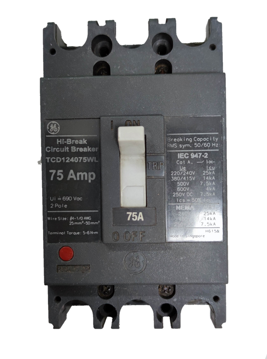 GE 75A 2 Pole Industrial Circuit Breaker with 75 Amp rating and black casing for electrical circuitry