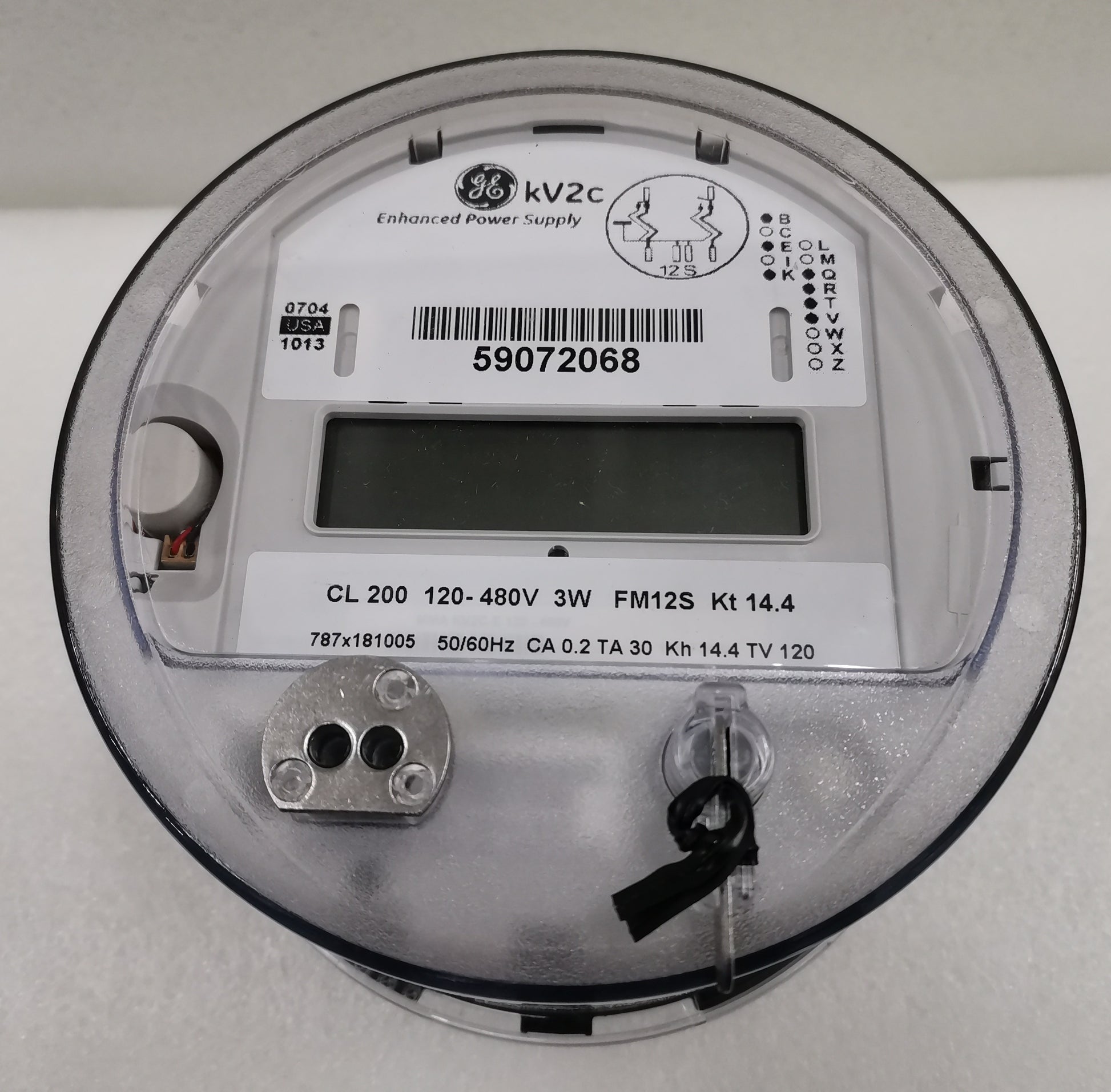 GE Alcara KV2C FM12S KWH Meter for electrical power measurement with digital display and barcode