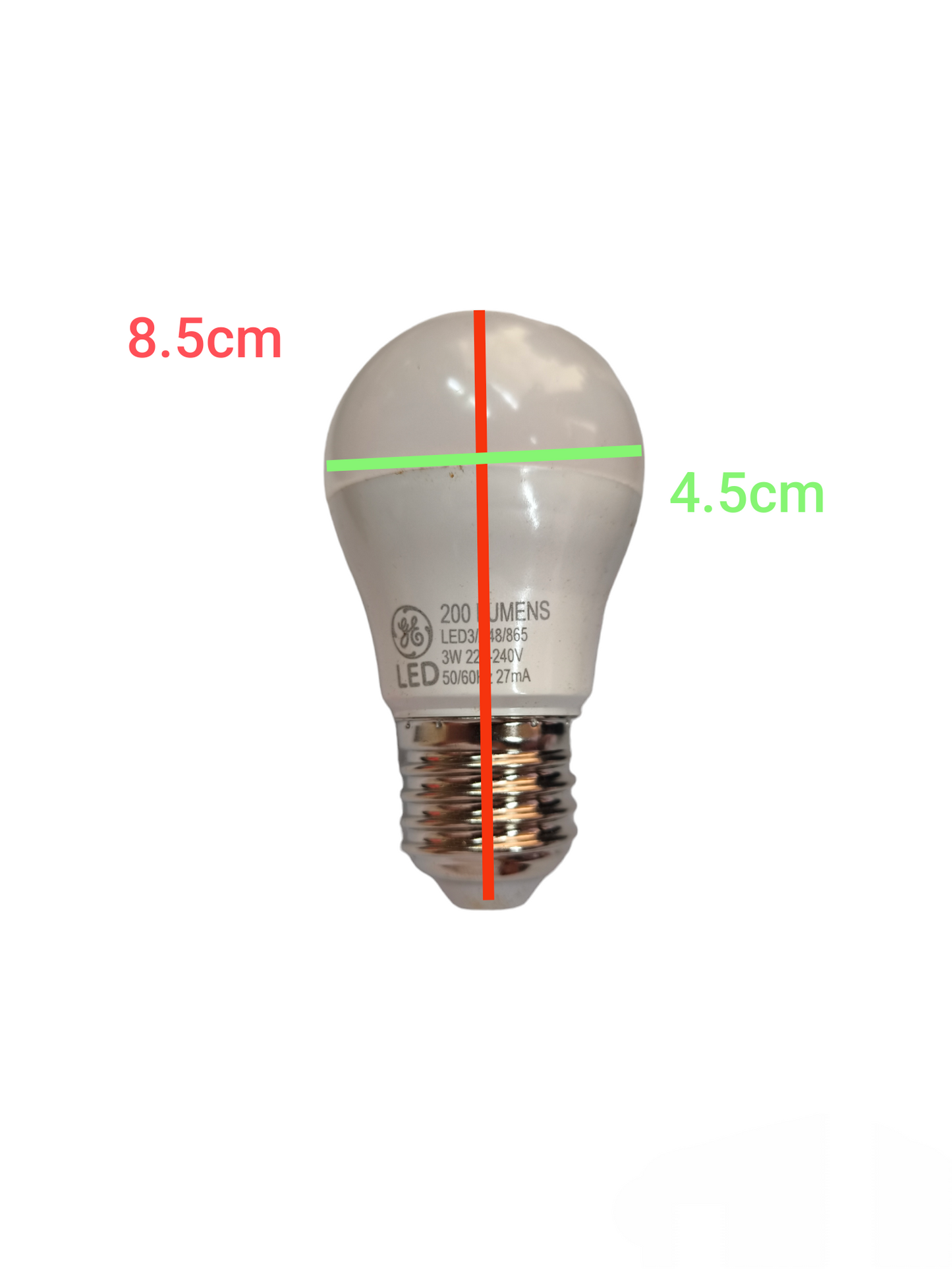 GE 3W LED bulb E27 daylight with compact design measuring 8.5 cm height and 4.5 cm width