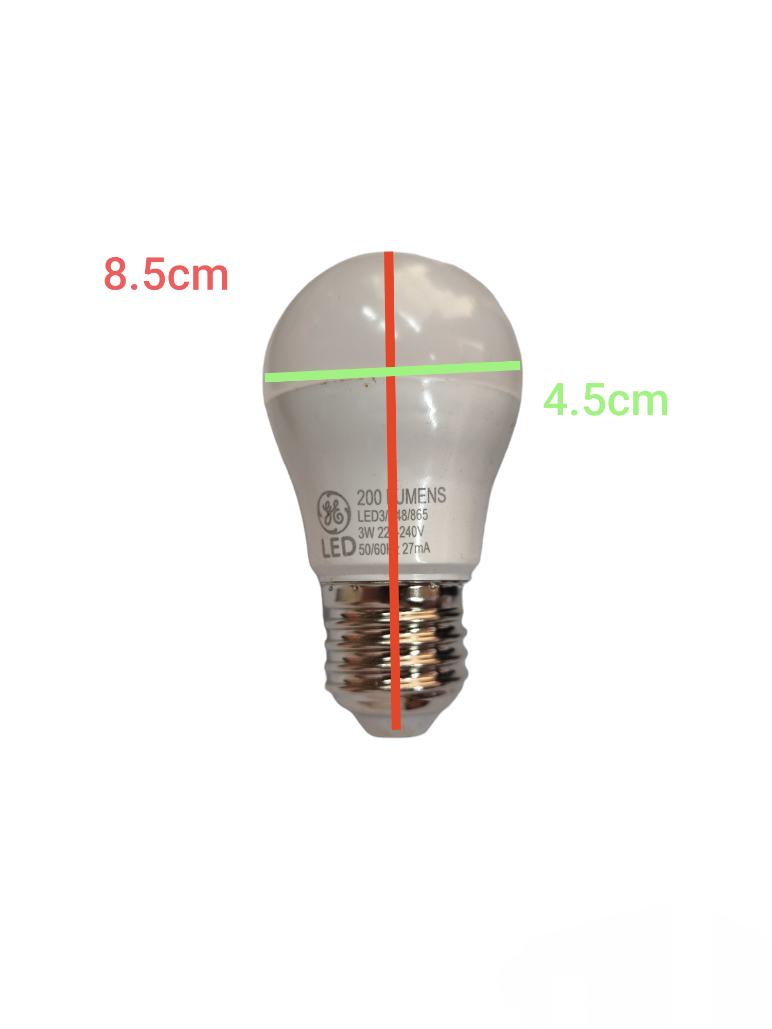 GE 3W LED bulb E27 daylight with compact design measuring 8.5 cm height and 4.5 cm width