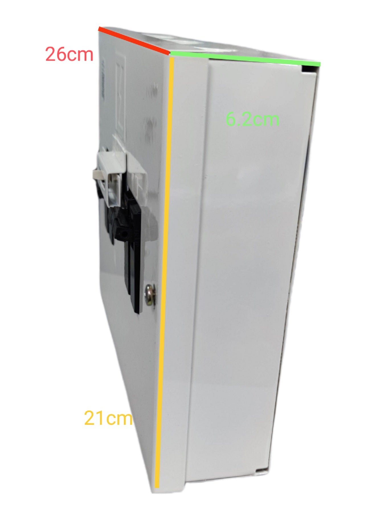 GE Koten electrical switchgear white compact unit with black lever handle and dimensions