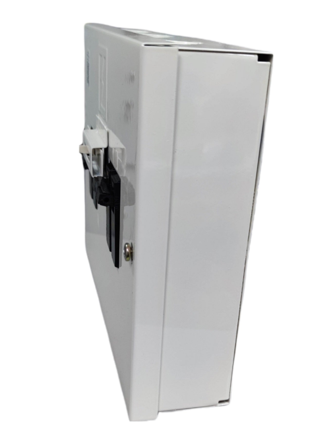 White GE Koten electrical switchgear box with black and white lever for circuit control