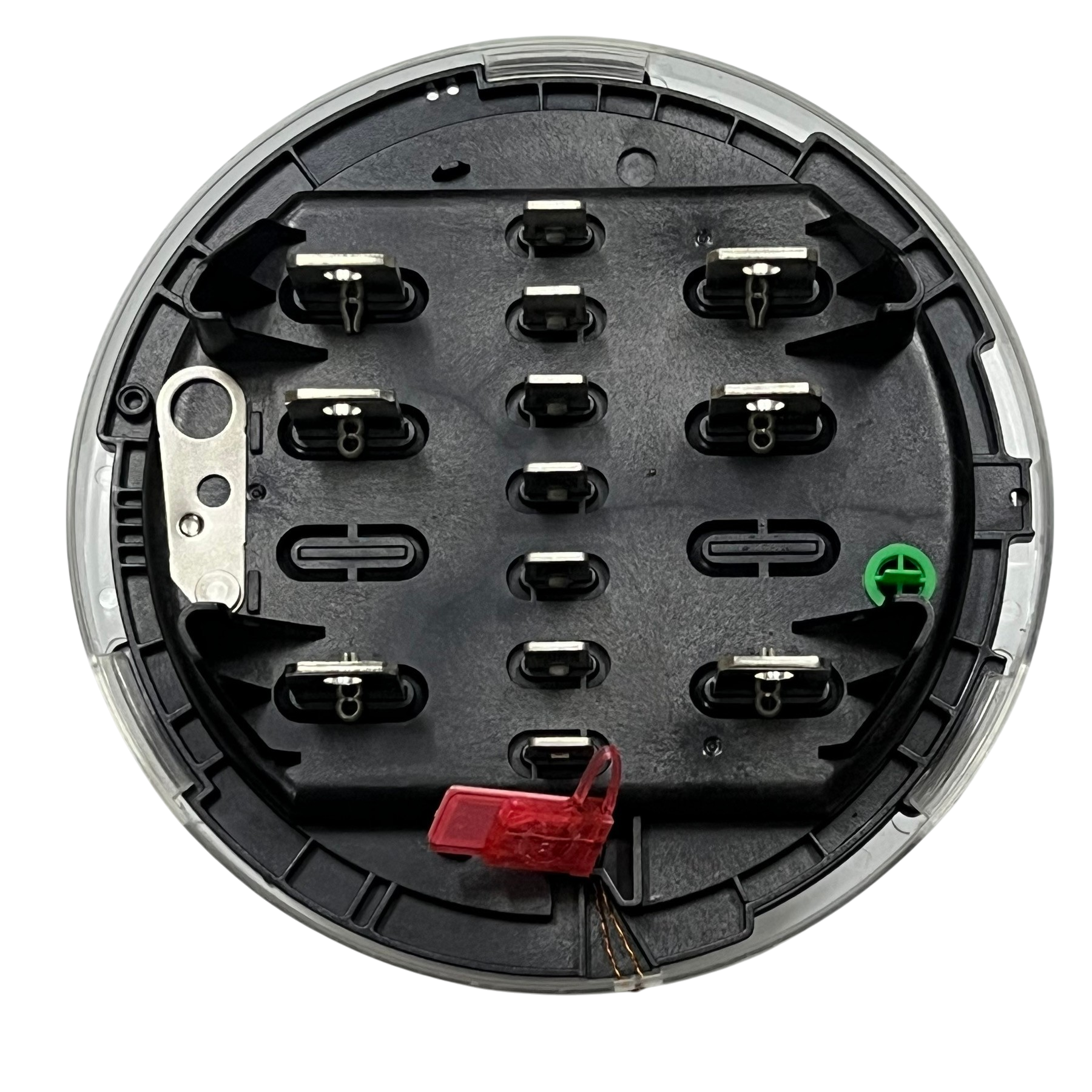GE KV2C FM9S KWH Electric Meter component showing black circular base with metal connectors and red seal