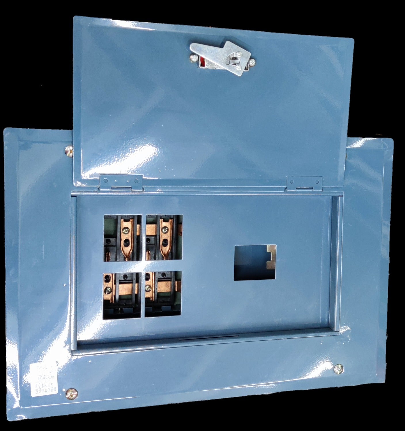 Panel Board 4 Branches 2Pole GE TQL electrical panel with blue metal casing and open front cover