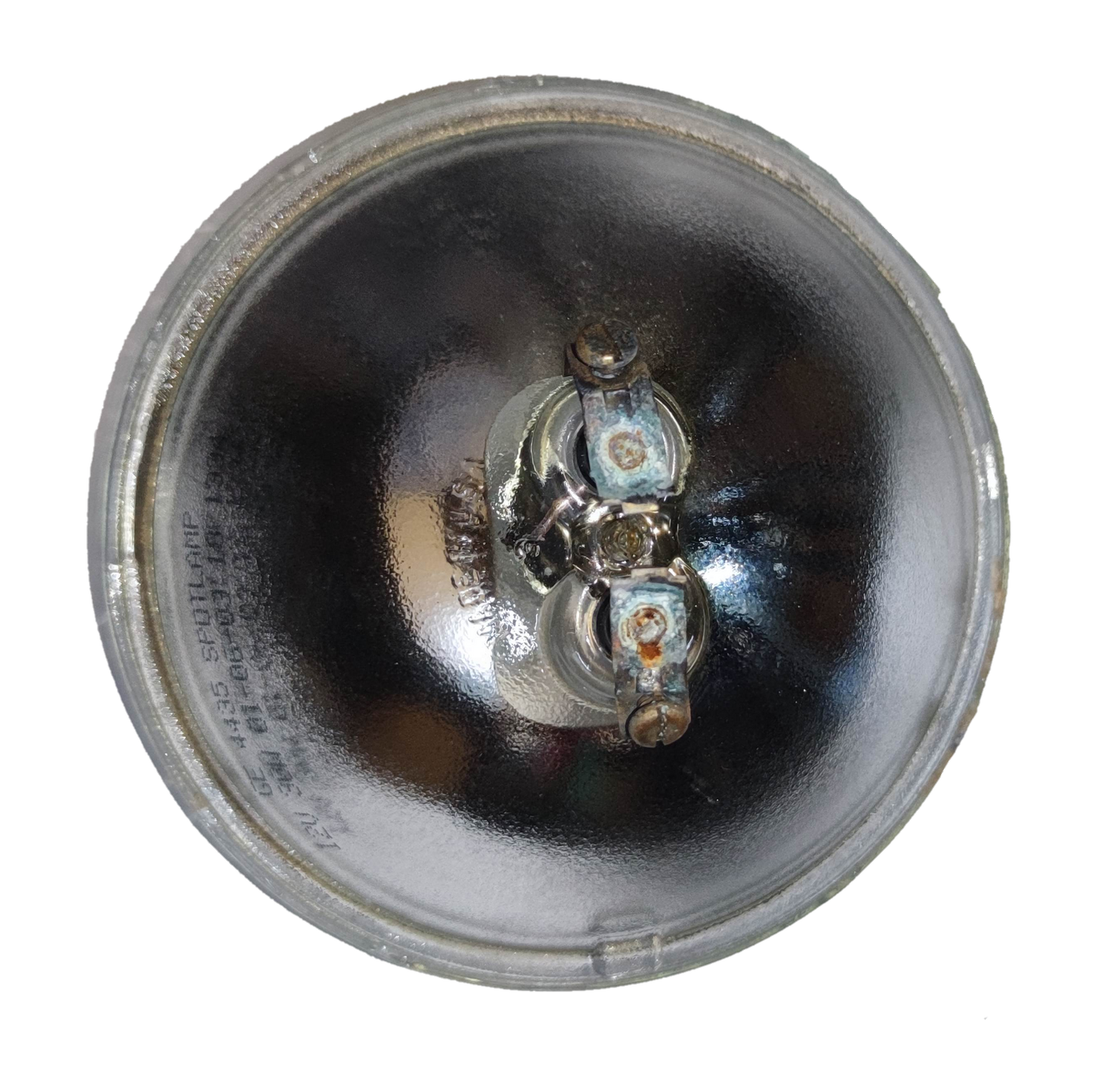 GE sealed beam 12V 30W spotlight with a clear glass cover and dual connection points