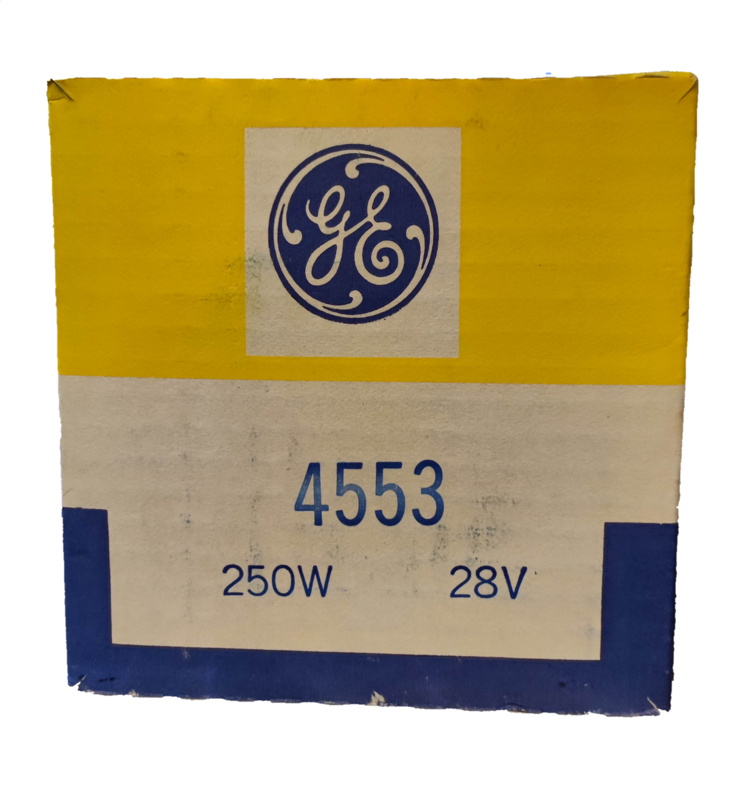 GE sealed beam spotlight 28V 250W packaging displaying product specifications and branding